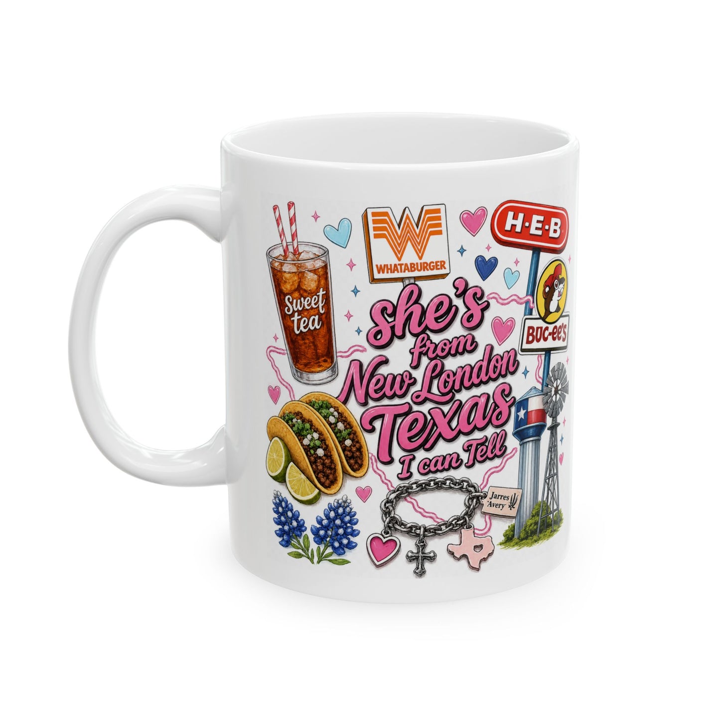 Texas Sticker Collage Ceramic Mug — Sweet Tea, Tacos & Local Icons (11oz/15oz)