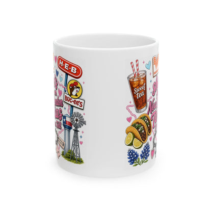 Texas Sticker Collage Ceramic Mug — Sweet Tea, Tacos & Local Icons (11oz/15oz)