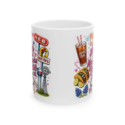 Texas Sticker Collage Ceramic Mug — Sweet Tea, Tacos & Local Icons (11oz/15oz)