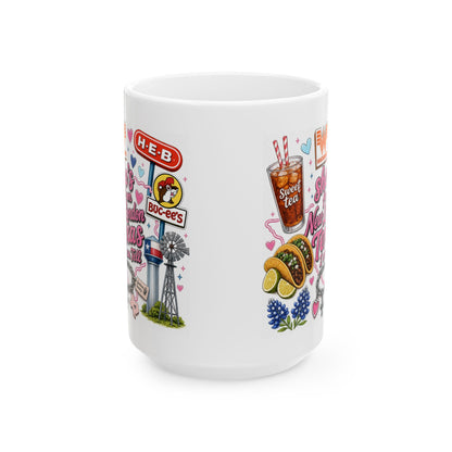 Texas Sticker Collage Ceramic Mug — Sweet Tea, Tacos & Local Icons (11oz/15oz)