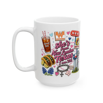 Texas Sticker Collage Ceramic Mug — Sweet Tea, Tacos & Local Icons (11oz/15oz)
