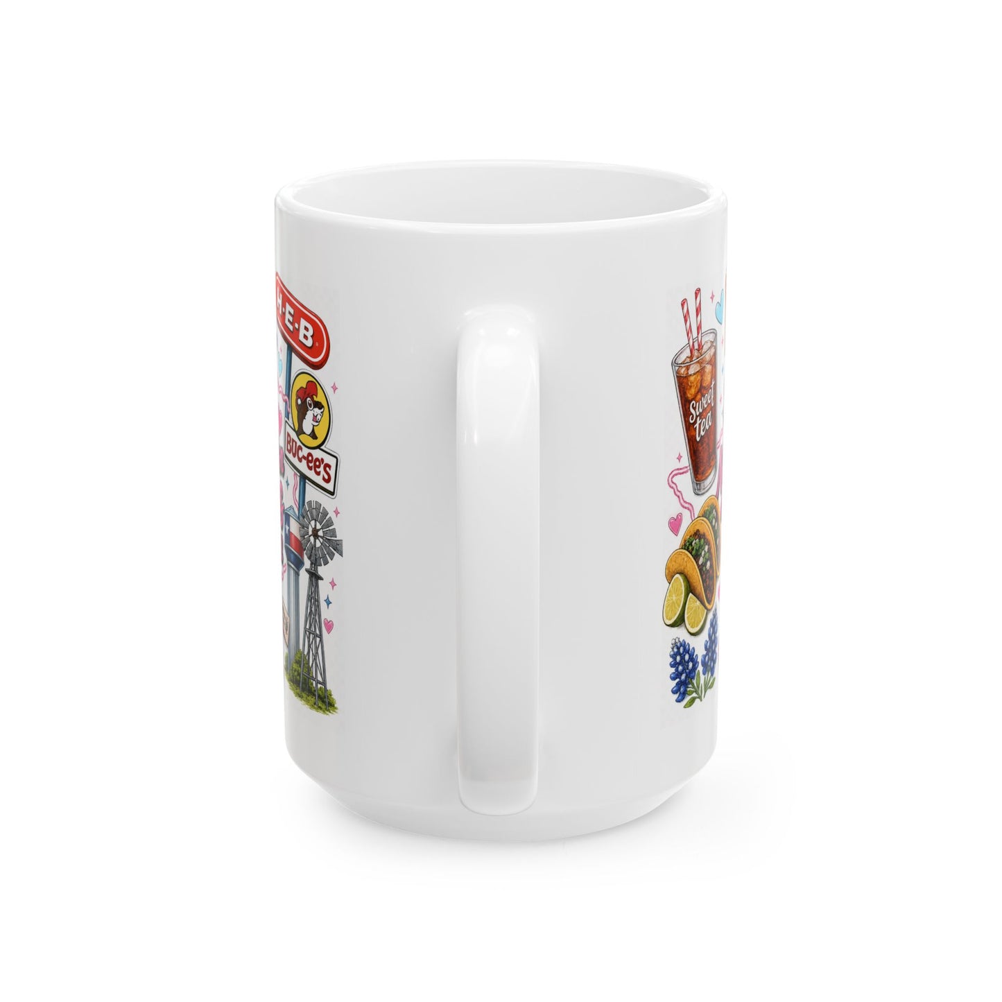 Texas Sticker Collage Ceramic Mug — Sweet Tea, Tacos & Local Icons (11oz/15oz)