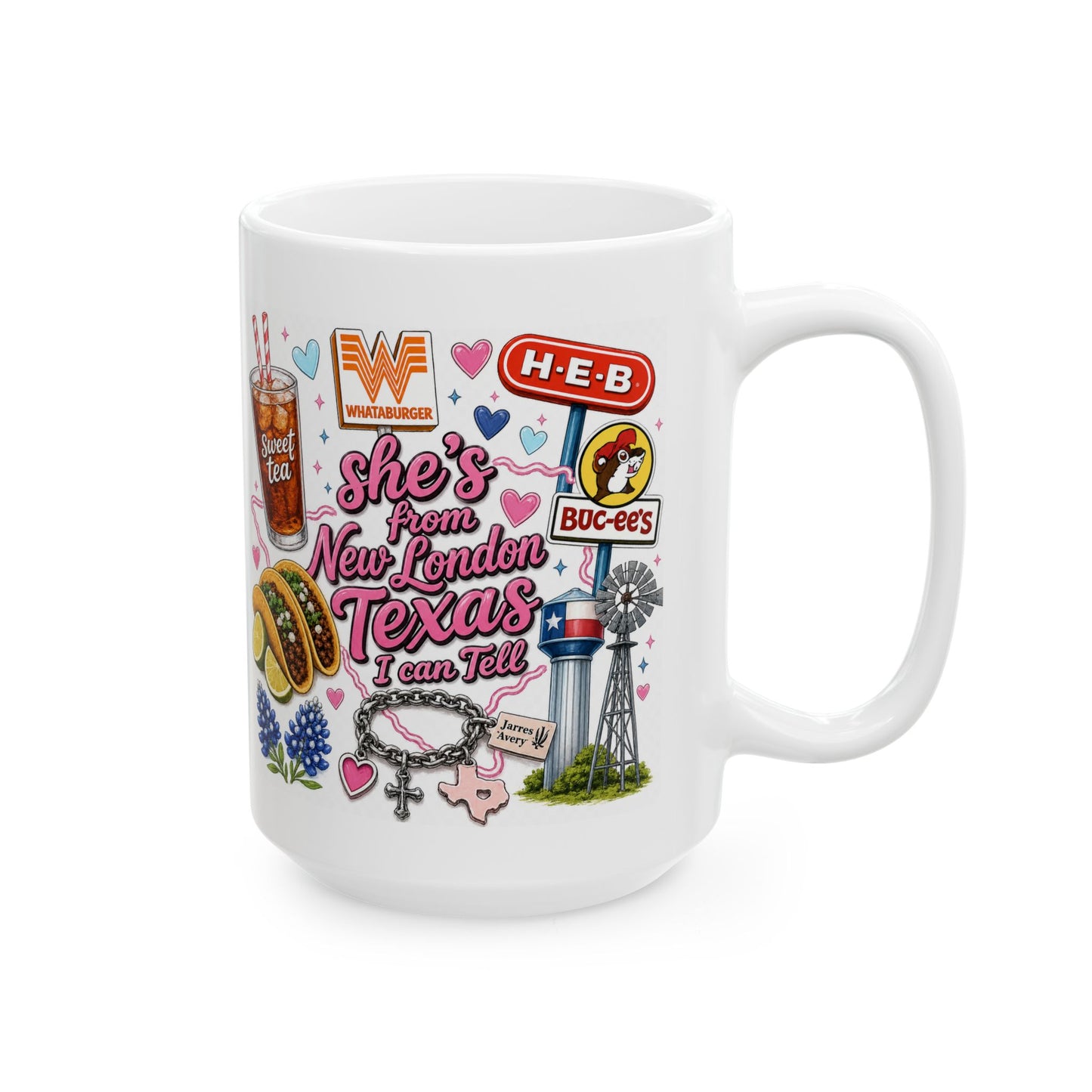 Texas Sticker Collage Ceramic Mug — Sweet Tea, Tacos & Local Icons (11oz/15oz)