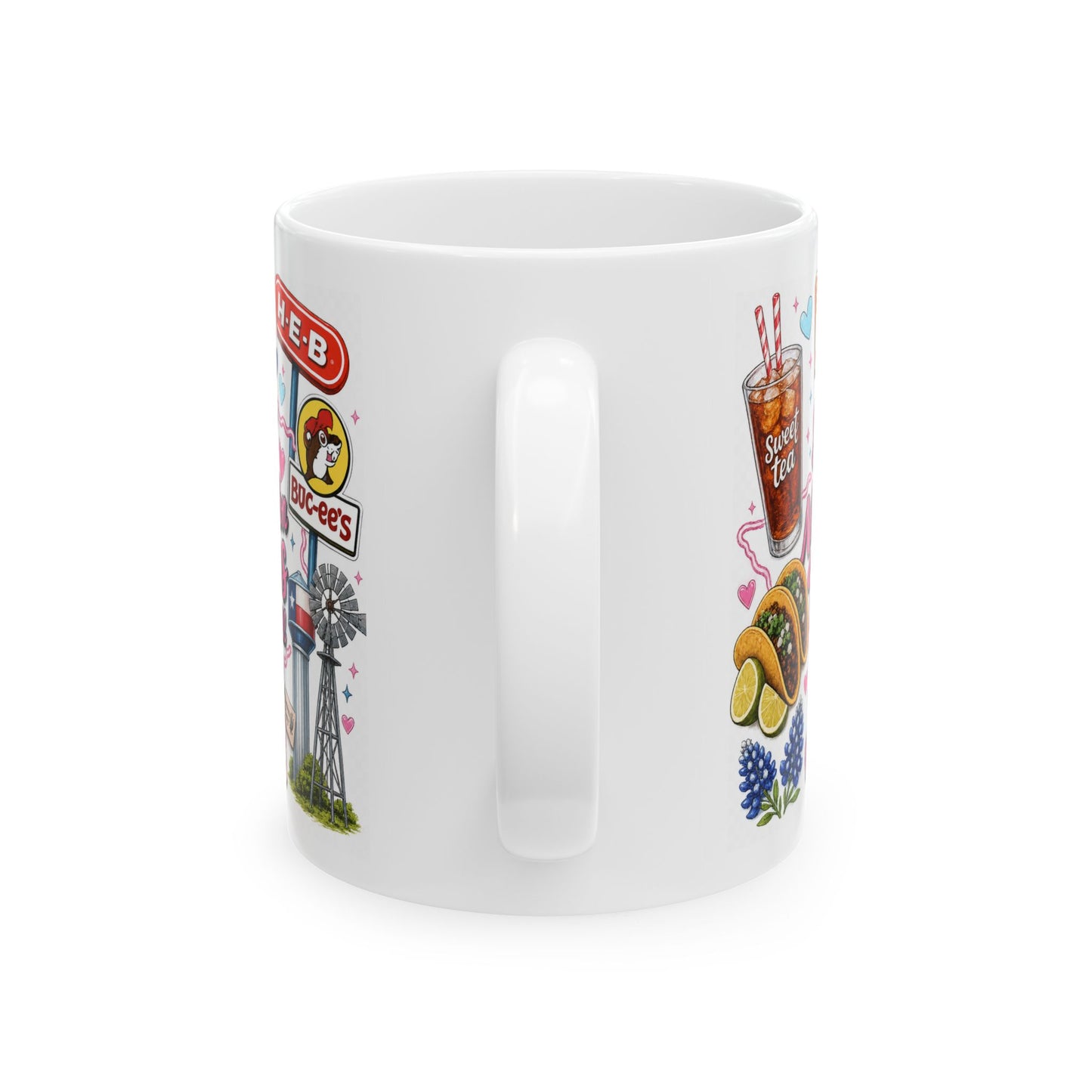 Texas Sticker Collage Ceramic Mug — Sweet Tea, Tacos & Local Icons (11oz/15oz)