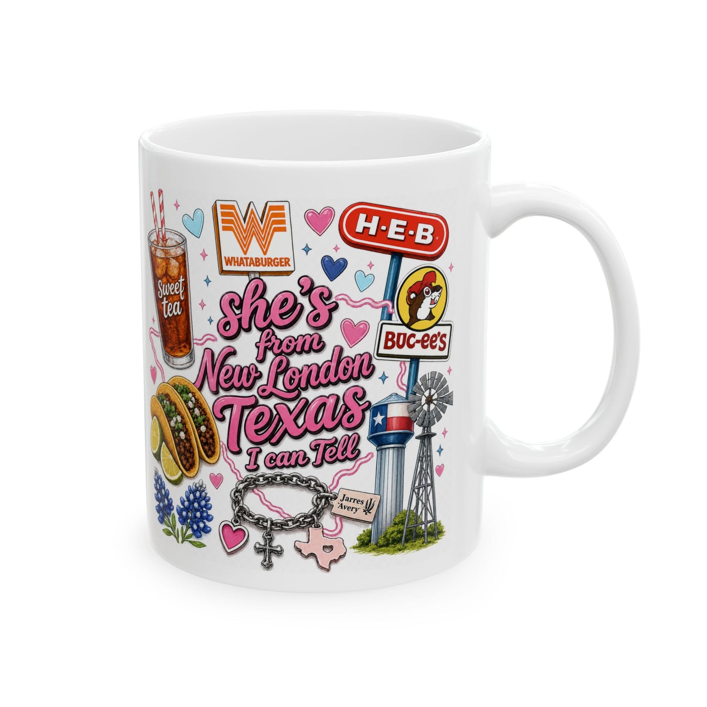Texas Sticker Collage Ceramic Mug — Sweet Tea, Tacos & Local Icons (11oz/15oz)