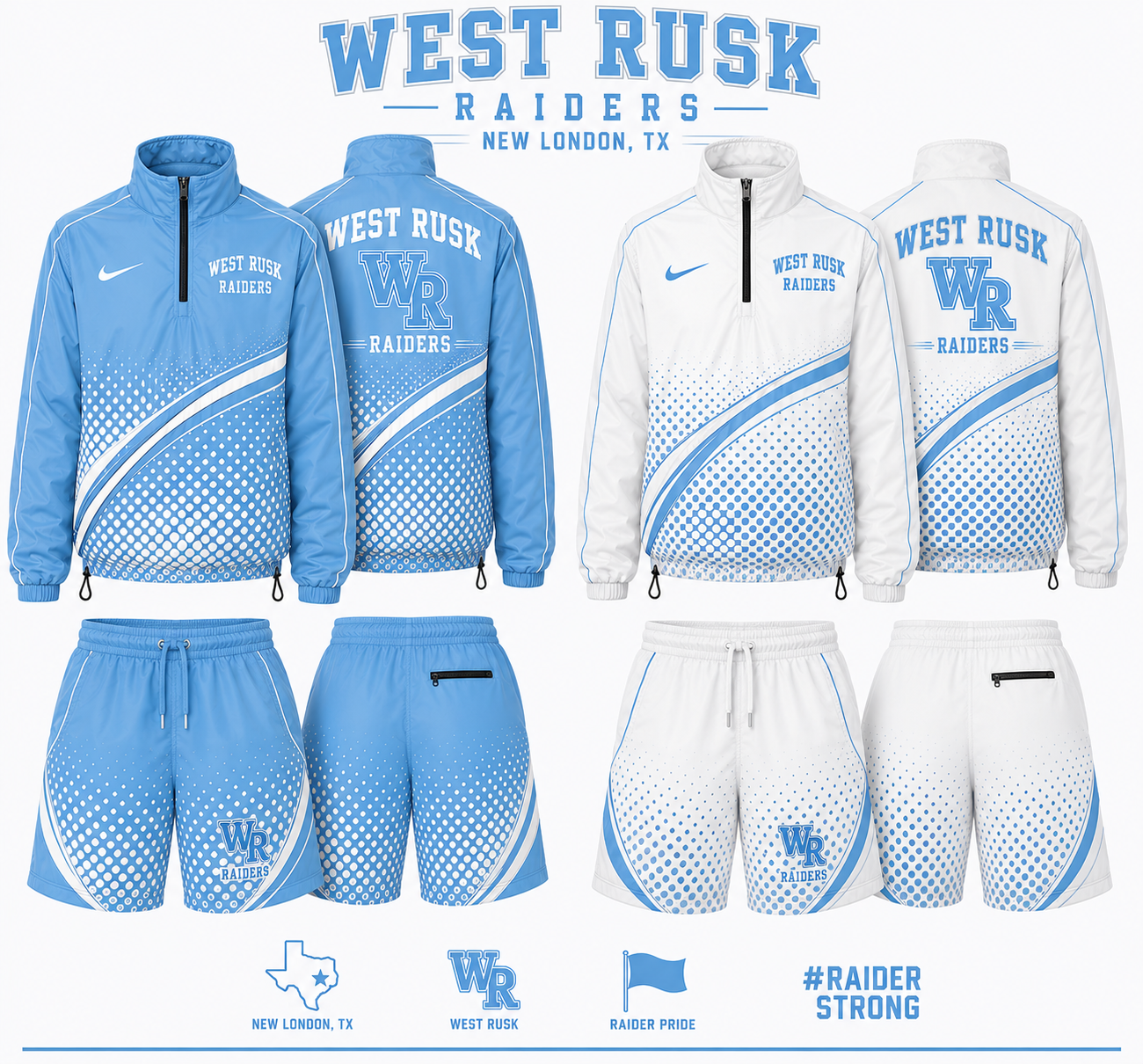 West Rusk Raiders sports uniforms including jackets and shorts in blue and white.