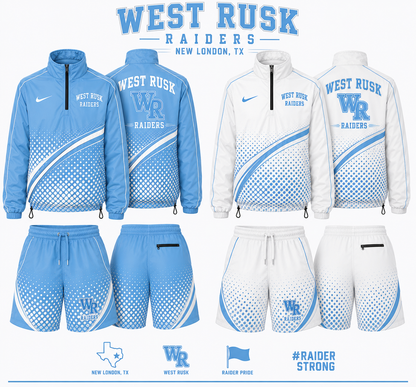 West Rusk Raiders sports uniforms including jackets and shorts in blue and white.
